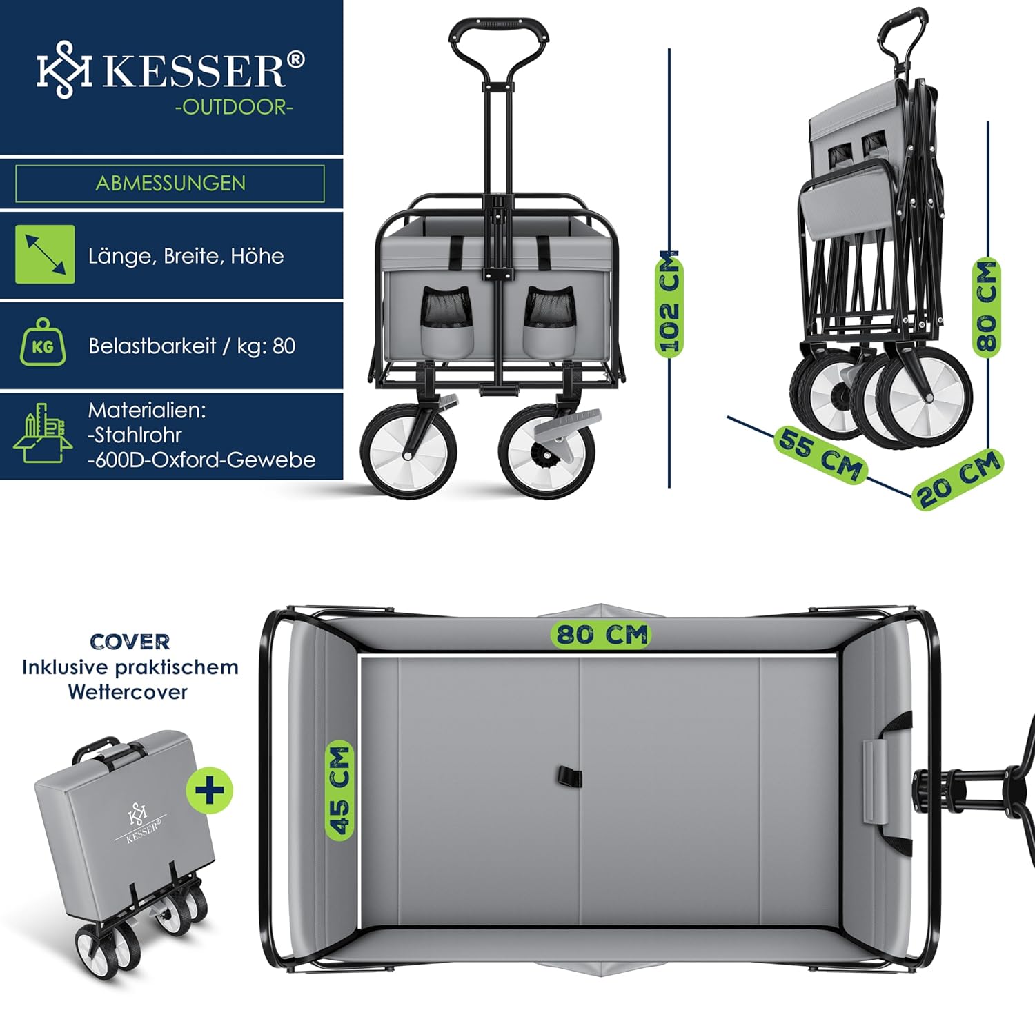 KESSER® Klappleiter mit 150 kg Tragfähigkeit, 360° PVC-Rädern und 2 Netz-Steckfächern – robuste Transportrolle