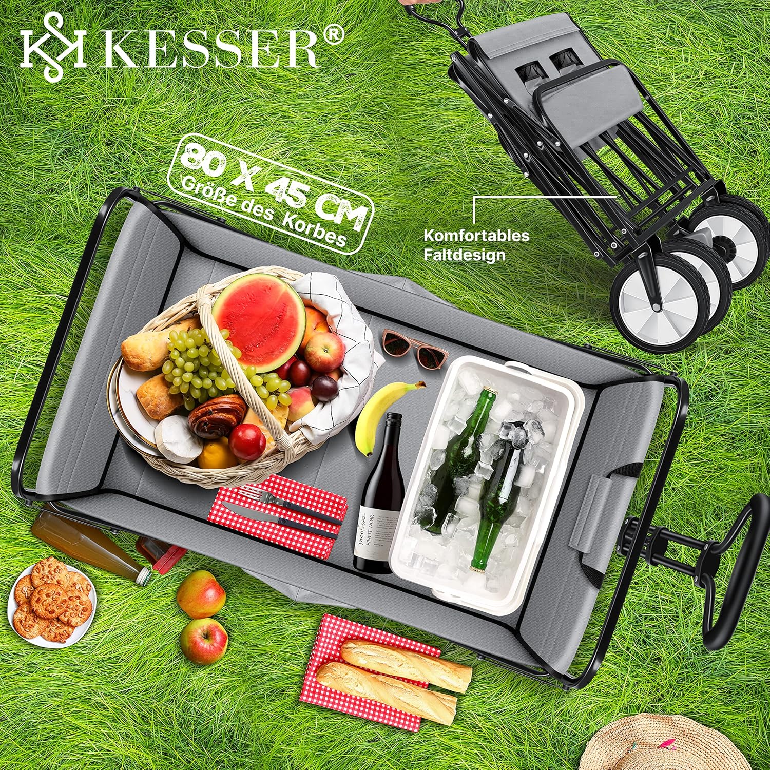 KESSER® Klappleiter mit 150 kg Tragfähigkeit, 360° PVC-Rädern und 2 Netz-Steckfächern – robuste Transportrolle