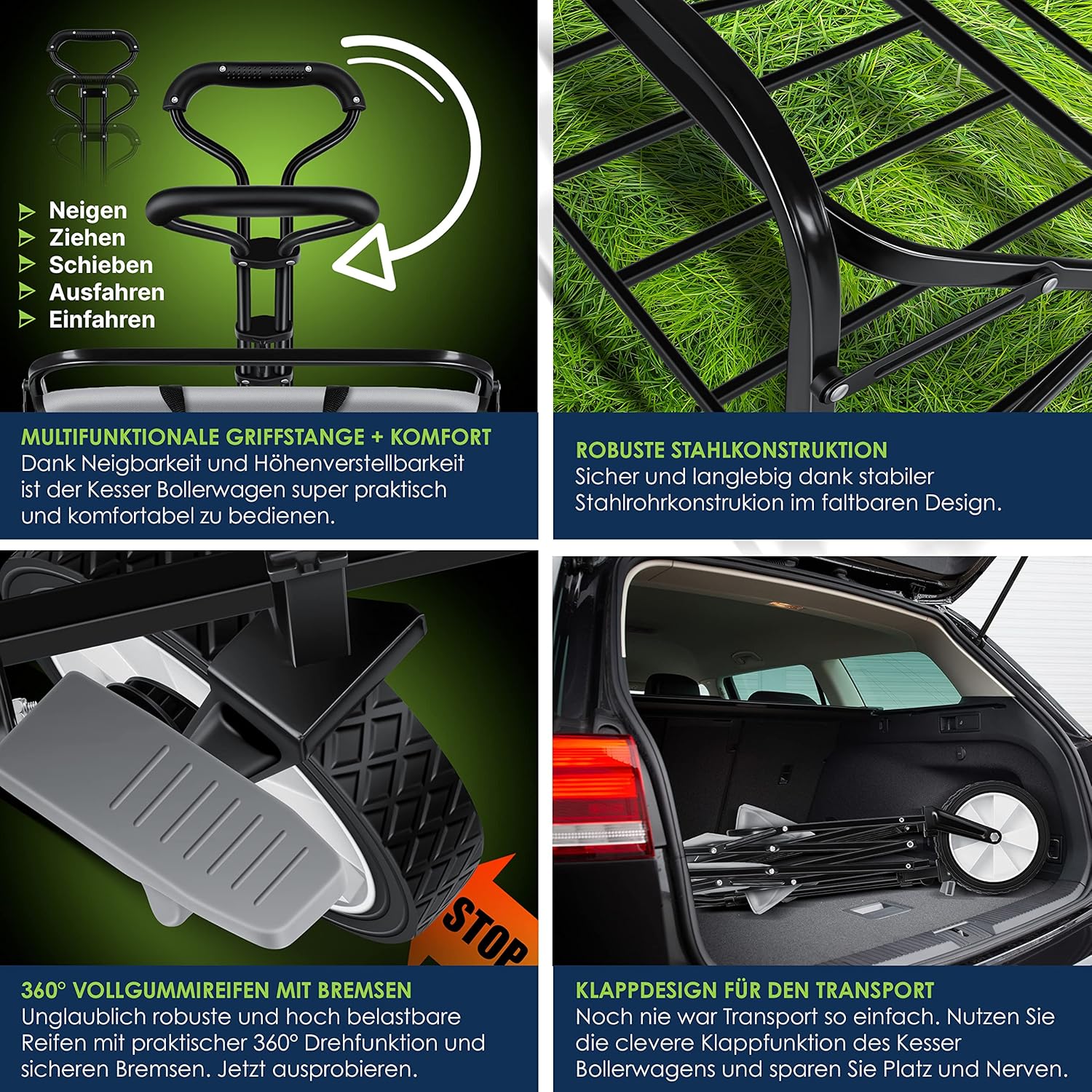 KESSER® Klappleiter mit 150 kg Tragfähigkeit, 360° PVC-Rädern und 2 Netz-Steckfächern – robuste Transportrolle