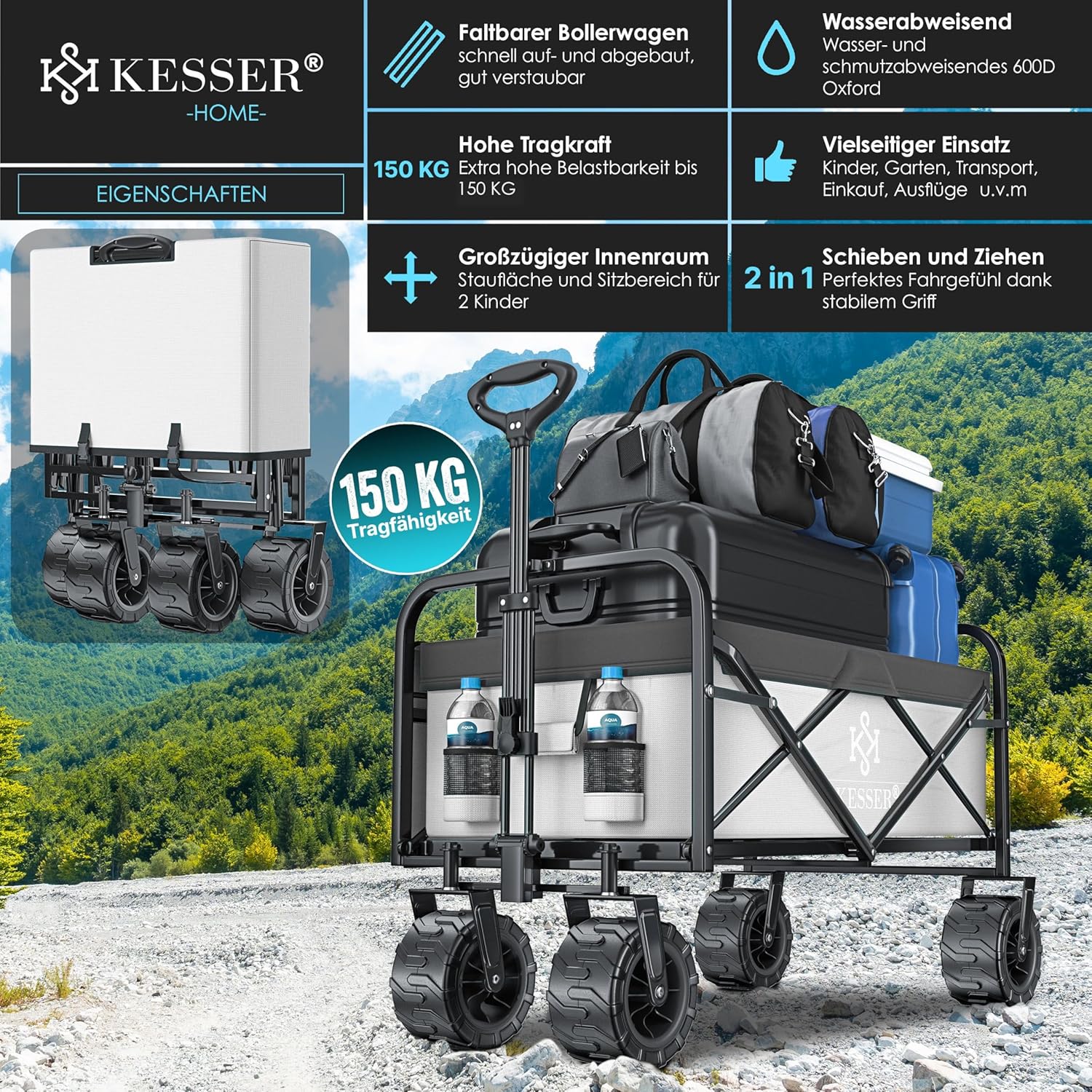 KESSER® Klappleiter mit 150 kg Tragfähigkeit, festen Gummireifen und Mesh-Taschen | Handwagen