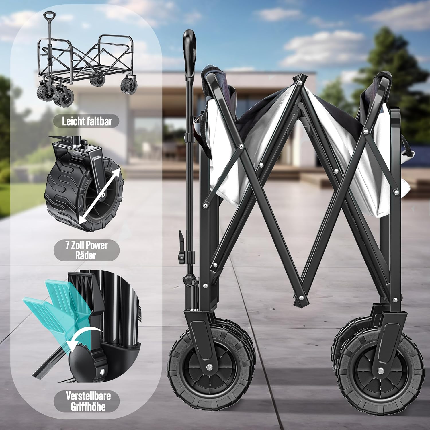 KESSER® Klappleiter mit 150 kg Tragfähigkeit, festen Gummireifen und Mesh-Taschen | Handwagen