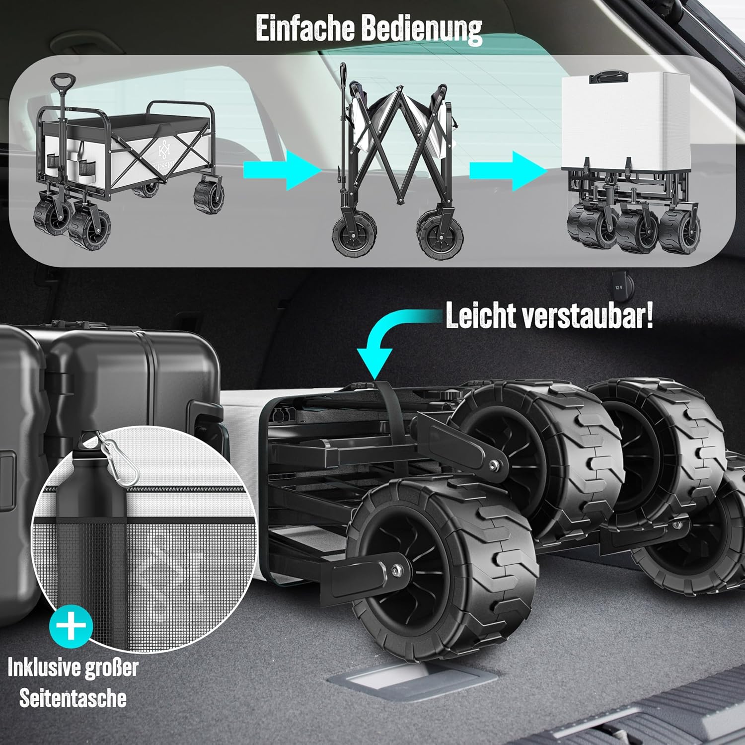 KESSER® Klappleiter mit 150 kg Tragfähigkeit, festen Gummireifen und Mesh-Taschen | Handwagen