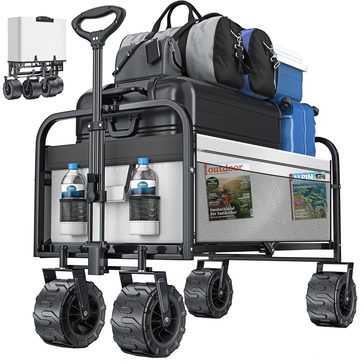 KESSER® Klappleiter mit 150 kg Tragfähigkeit, festen Gummireifen und Mesh-Taschen | Handwagen