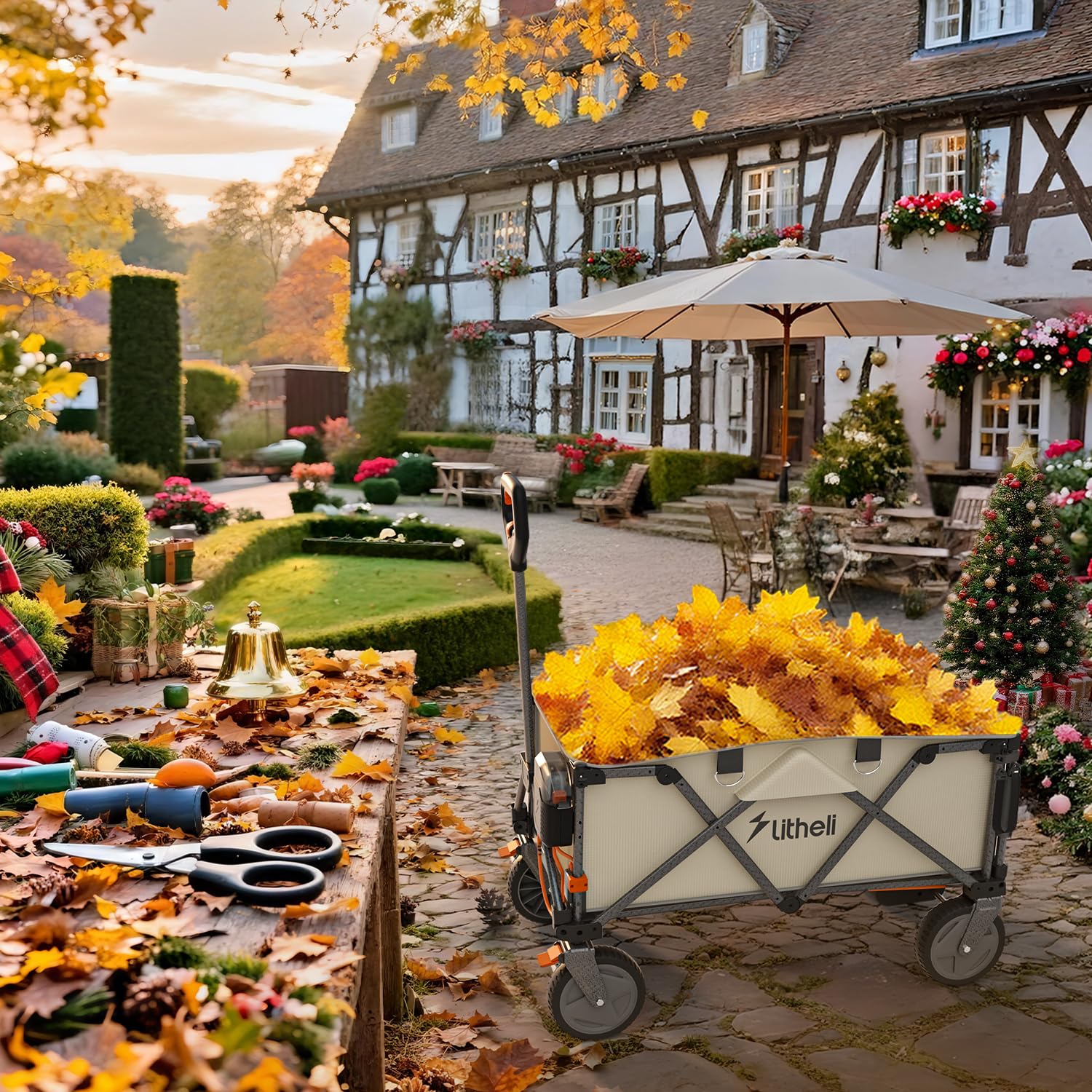 Litheli Elektro Trolley faltbar, 200 L, 60 kg, mit Bremse, 2 Batterien, Beige