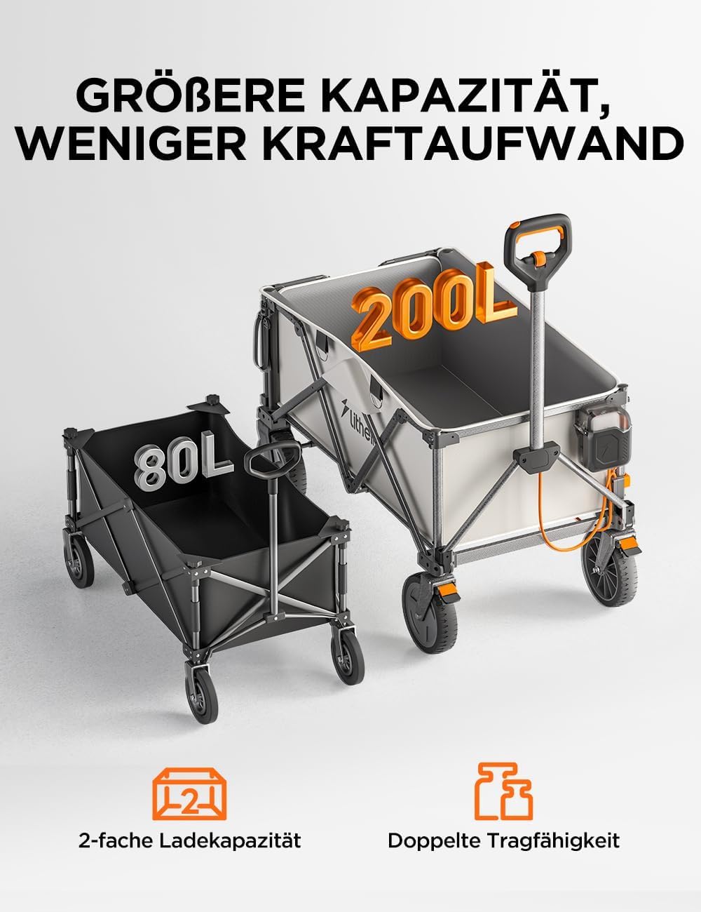 Litheli Elektro Trolley faltbar, 200 L, 60 kg, mit Bremse, 2 Batterien, Beige