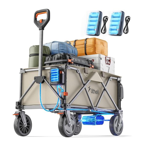 Litheli Elektro Trolley faltbar, 200 L, 60 kg, mit Bremse, 2 Batterien, Beige