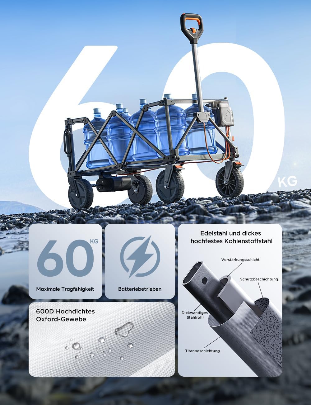 Litheli Elektro Trolley faltbar, 200 L, 60 kg, mit Bremse, 2 Batterien, Beige