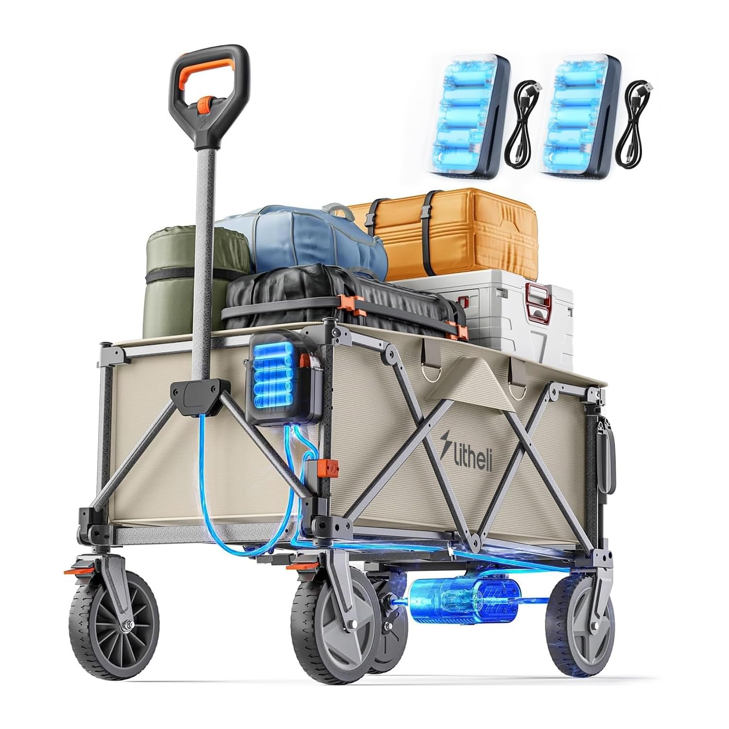 Litheli Elektro Trolley faltbar, 200 L, 60 kg, mit Bremse, 2 Batterien, Beige