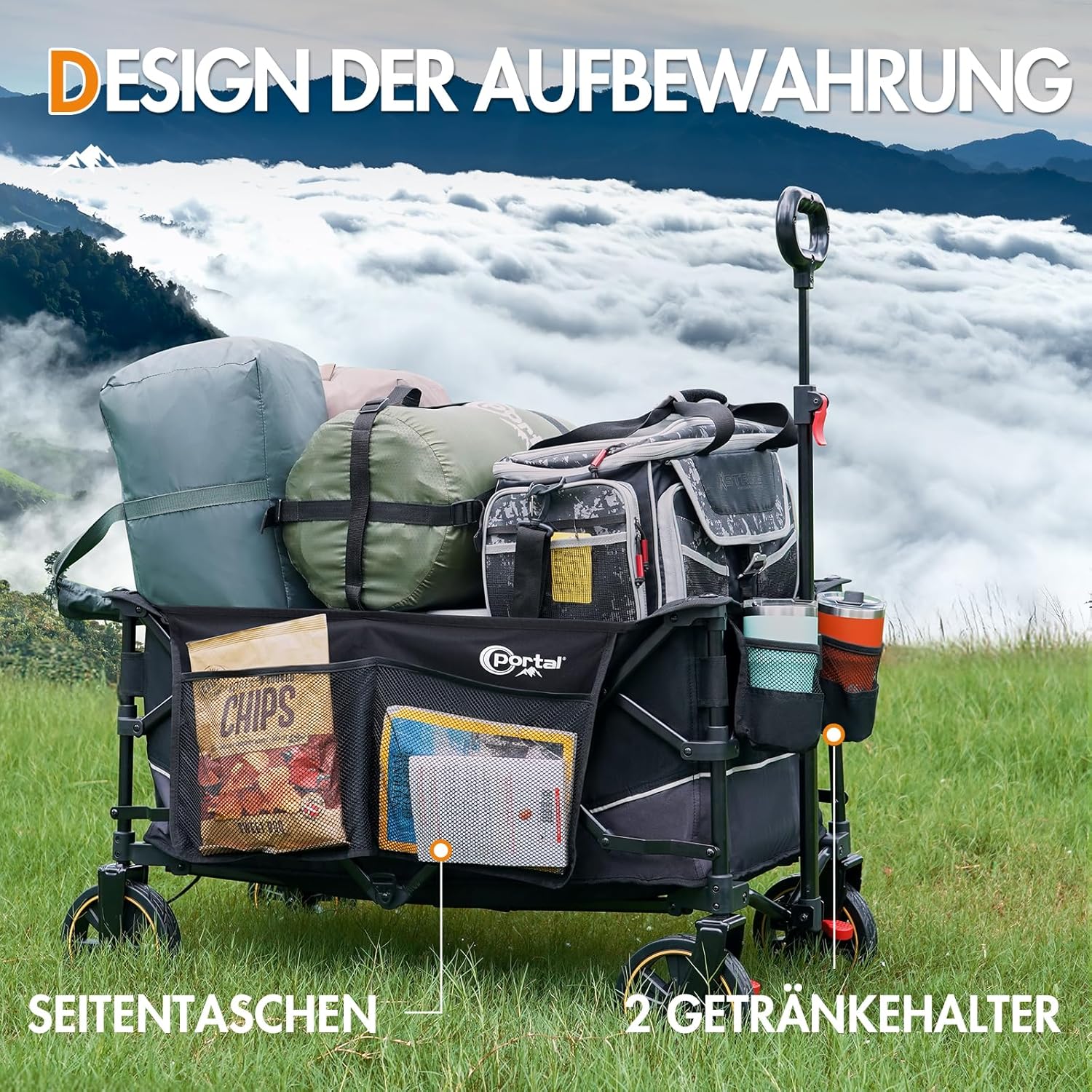 Portal Handcart XXL Faltbar – 120 kg Tragkraft, Getränkehalter & Seitentasche