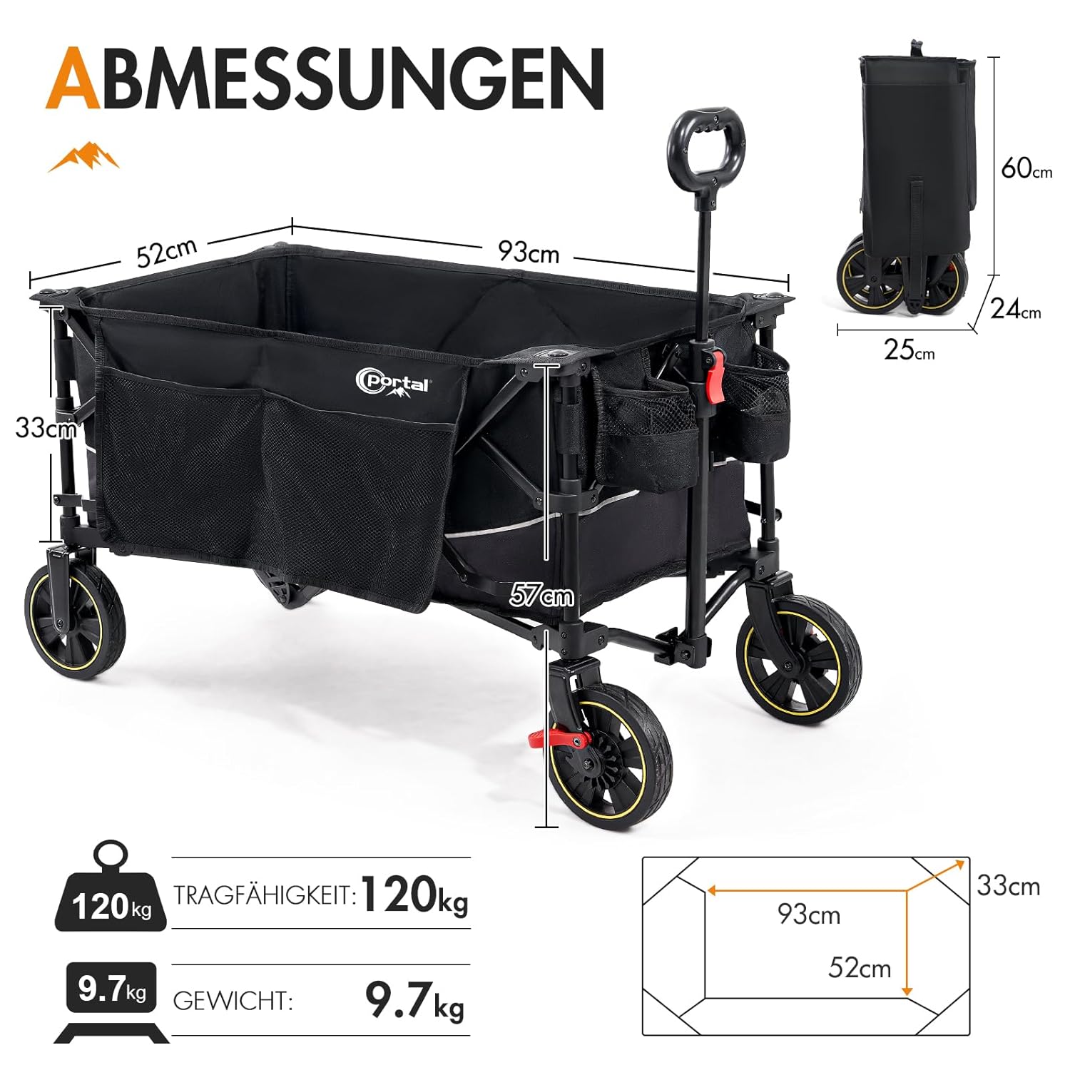 Portal Handcart XXL Faltbar – 120 kg Tragkraft, Getränkehalter & Seitentasche