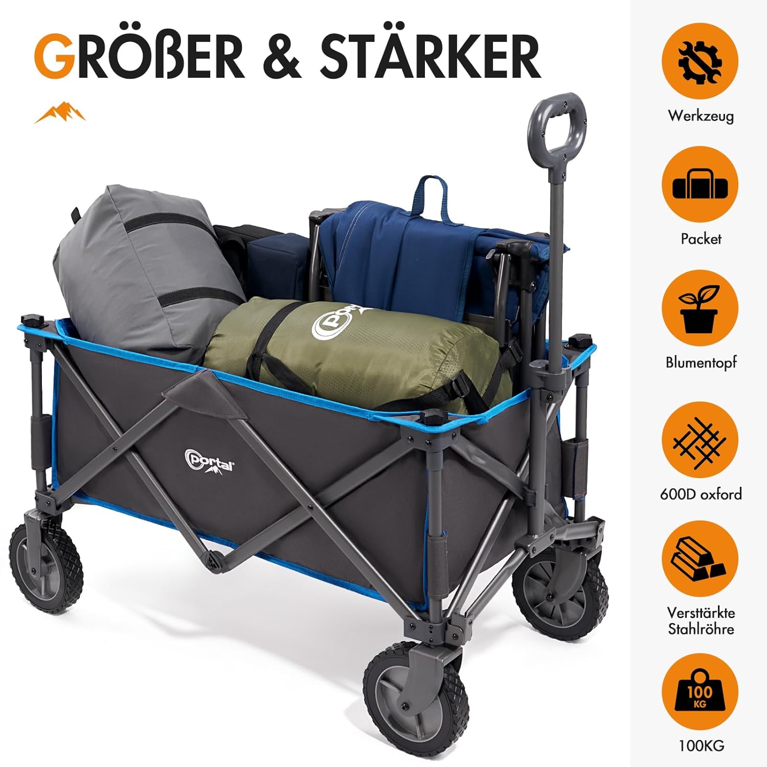 PORTAL Handwagen faltbar, 100 kg Tragfähigkeit, abnehmbarer Bezug, leichter Transportwagen