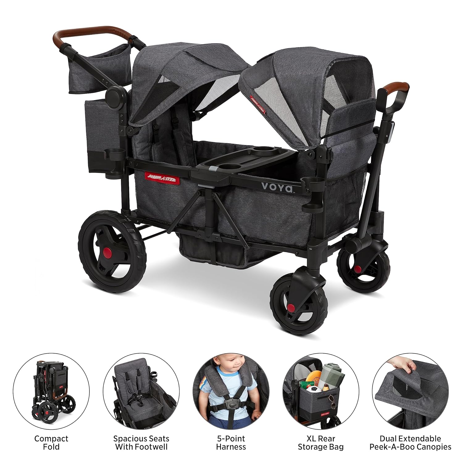 Radio Flyer Voya Buggy 2-Sitzer klappbar mit Verdeck – Doppelkinderwagen mit Sitzen