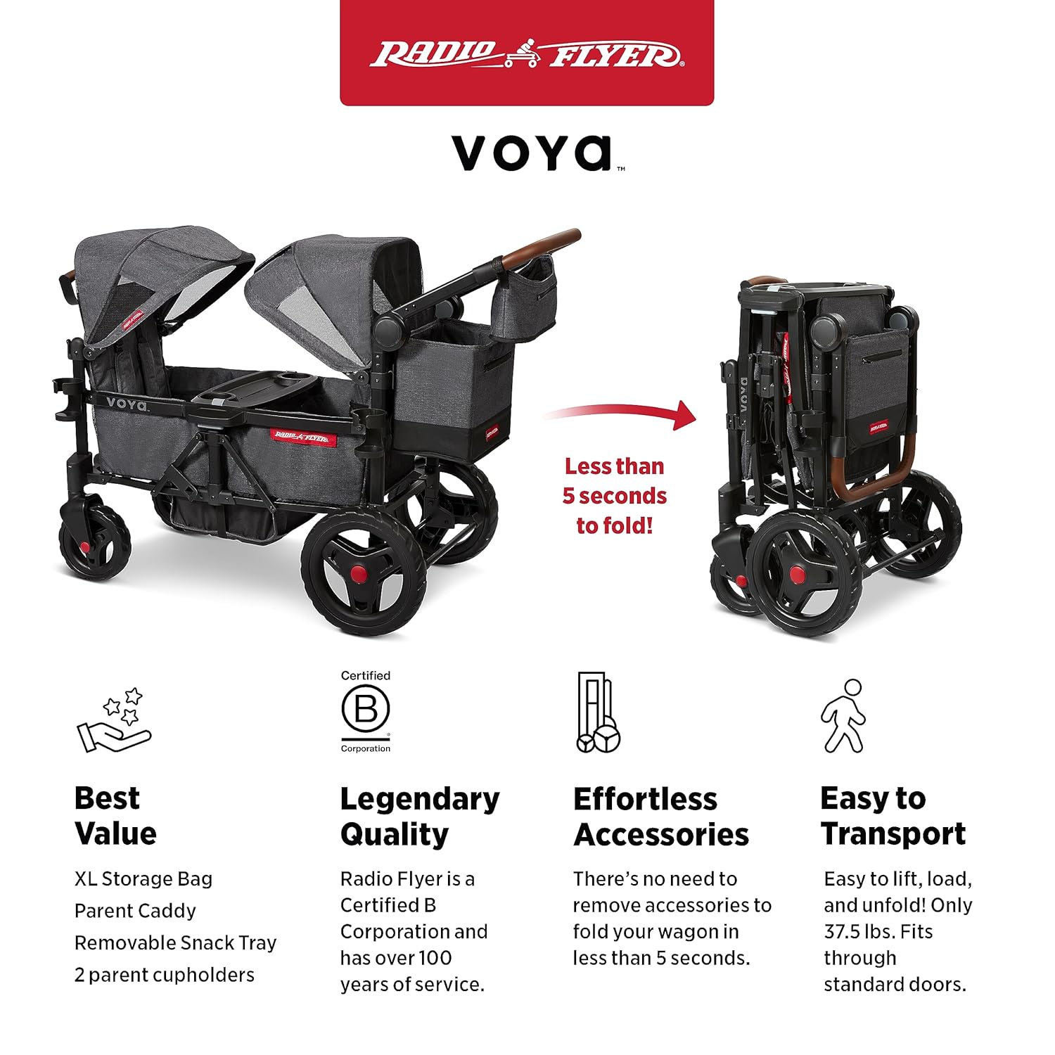 Radio Flyer Voya Buggy 2-Sitzer klappbar mit Verdeck – Doppelkinderwagen mit Sitzen