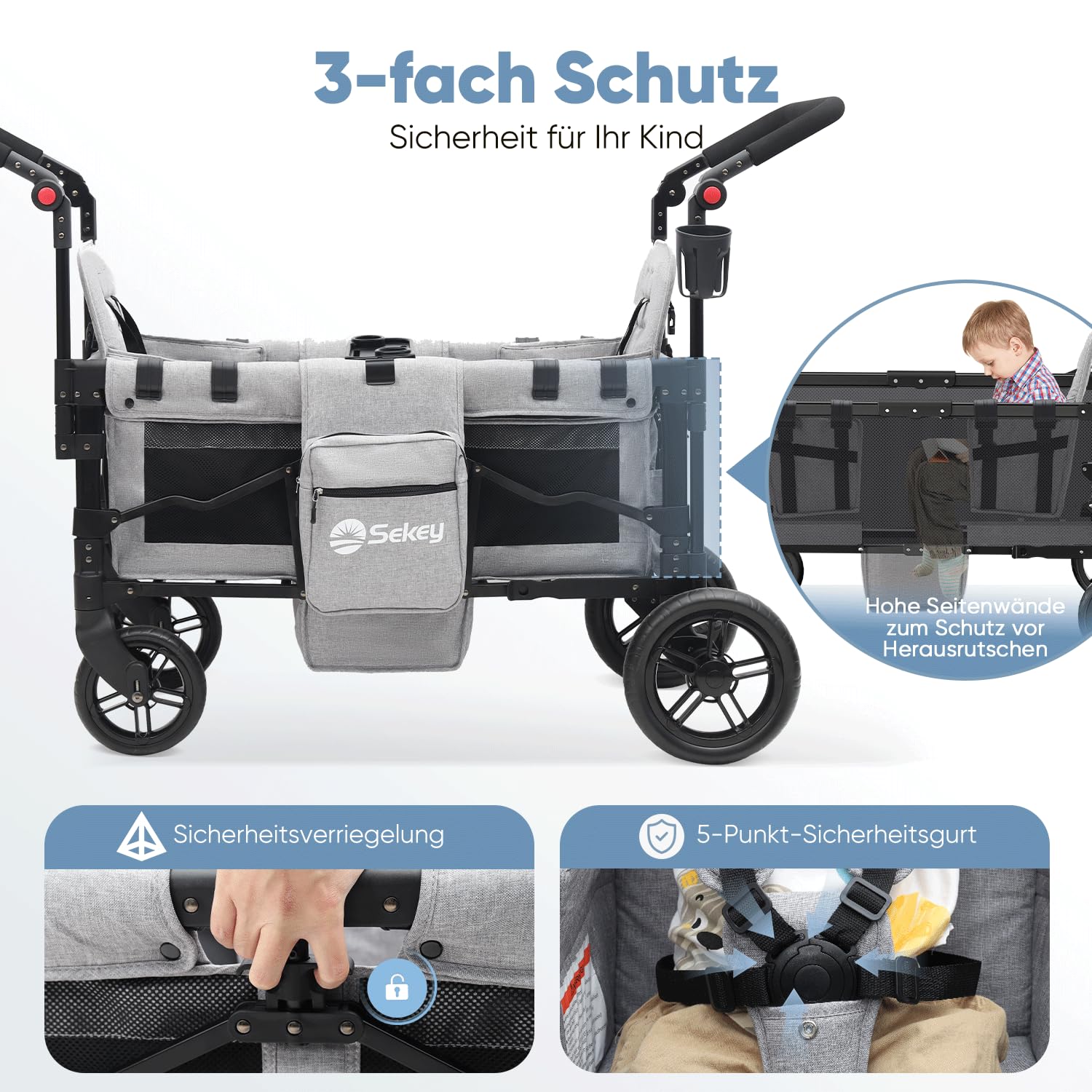 Sekey Kinderwagen Doppelsitz Klappbar mit Dach & 5-Punkt-Gurt System