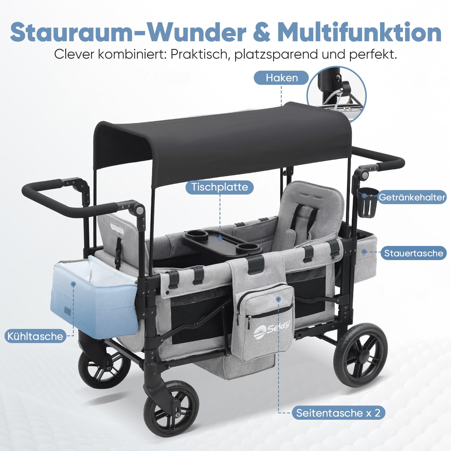Sekey Kinderwagen Doppelsitz Klappbar mit Dach & 5-Punkt-Gurt System