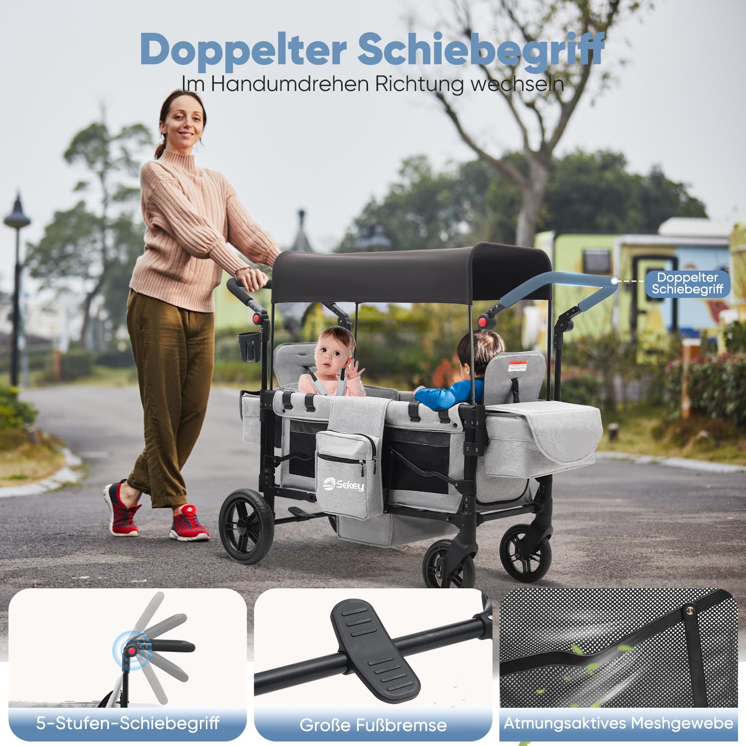 Sekey Kinderwagen Doppelsitz Klappbar mit Dach & 5-Punkt-Gurt System
