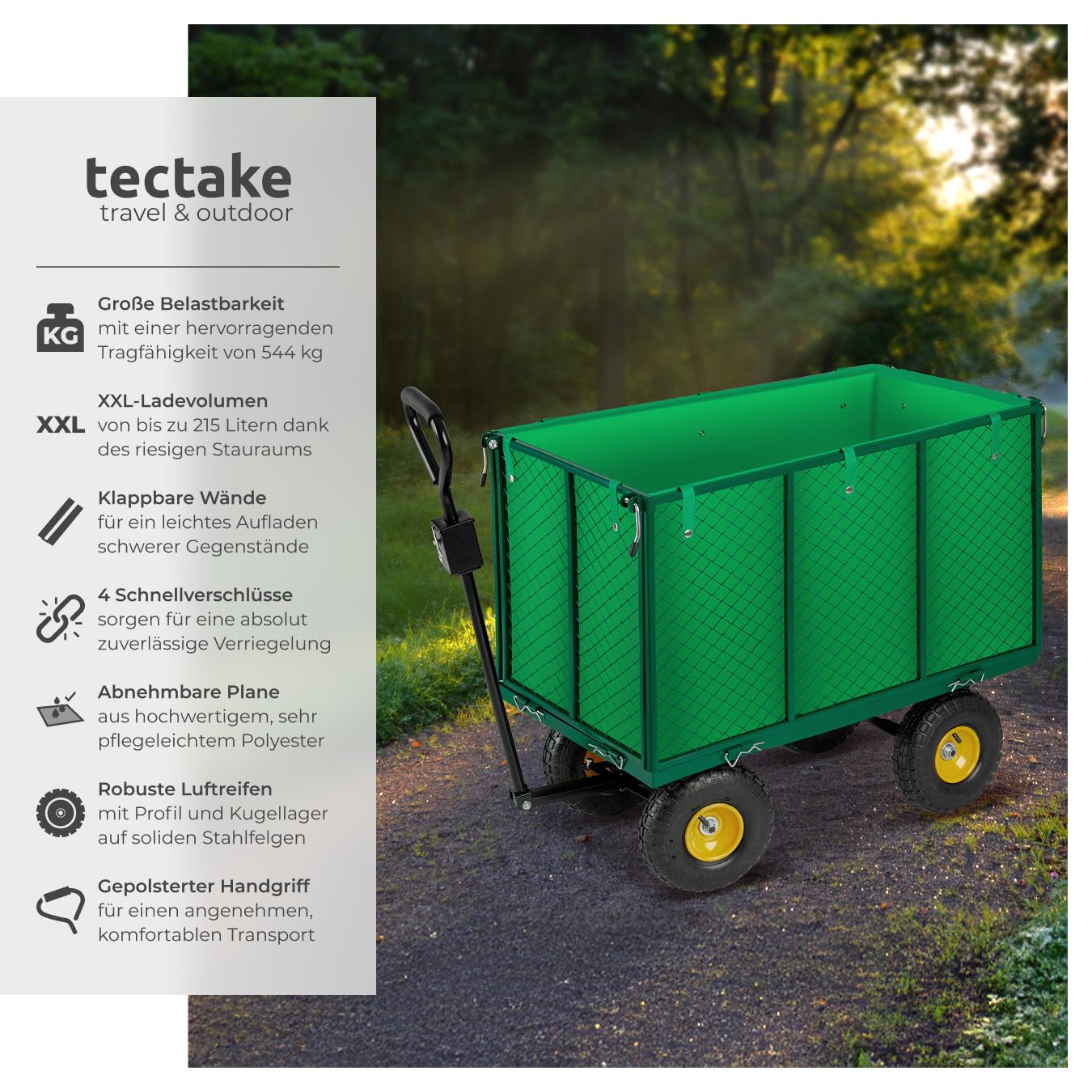 tectake® Klappwagen 544 kg Tragkraft mit faltbaren Seitenwänden & Hakenleiste