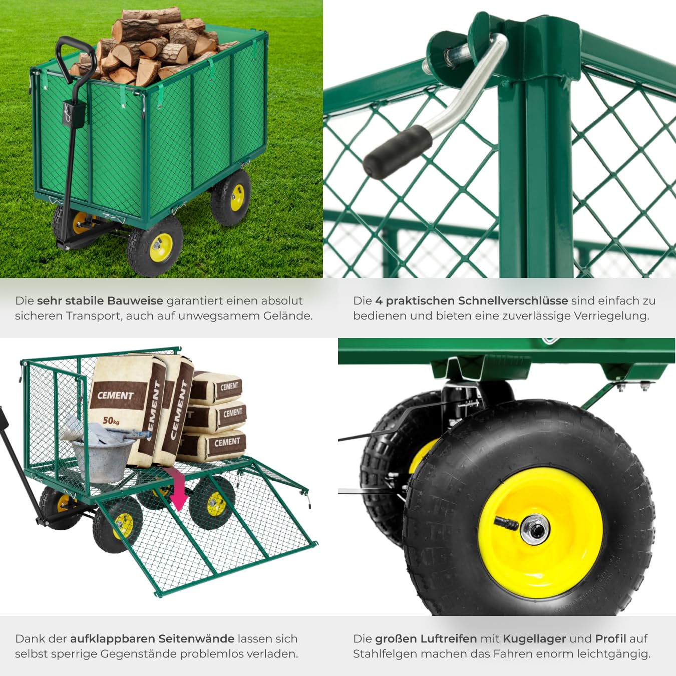 tectake® Klappwagen 544 kg Tragkraft mit faltbaren Seitenwänden & Hakenleiste