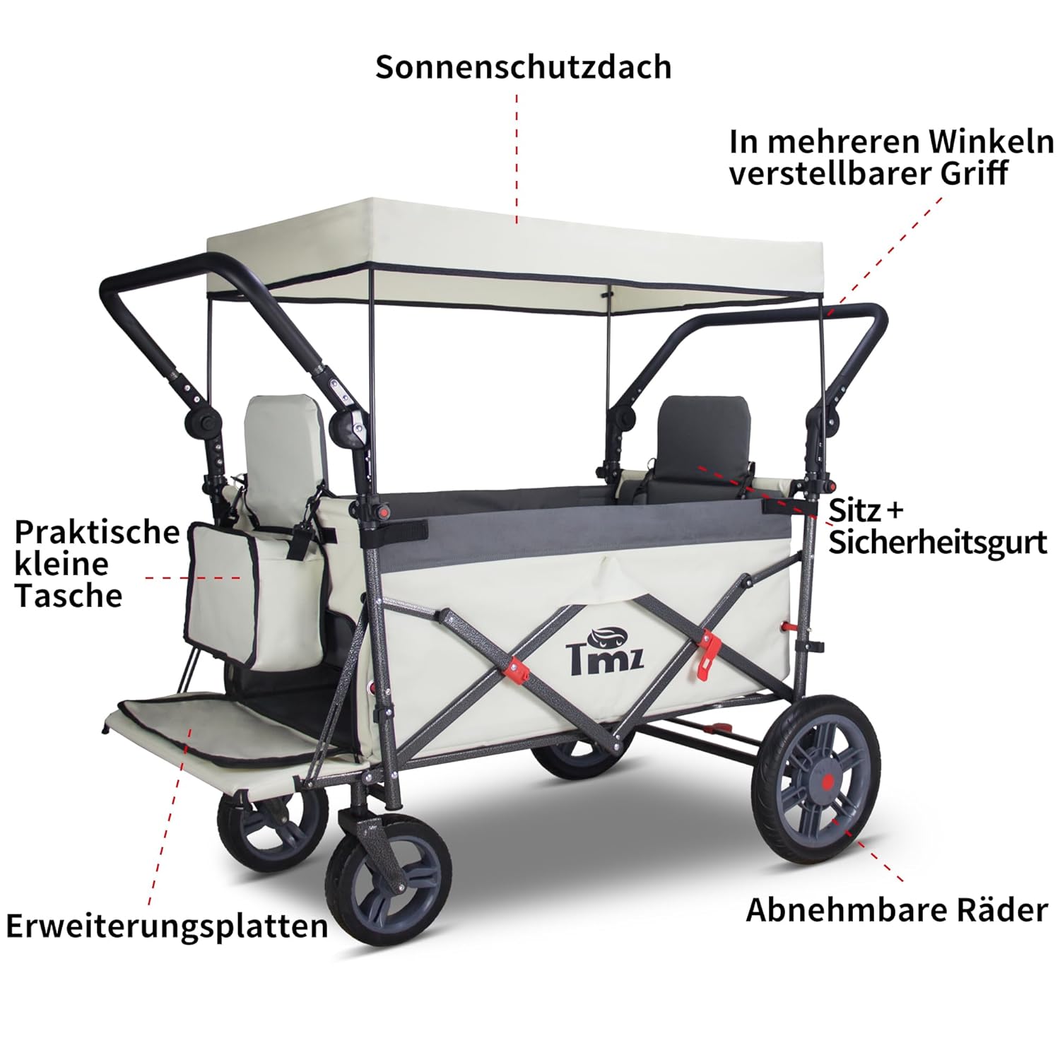 TMZ Handwagen faltbar mit Dach 120 kg Tragfähigkeit PU-Rollen hochelastisch weiß/grau