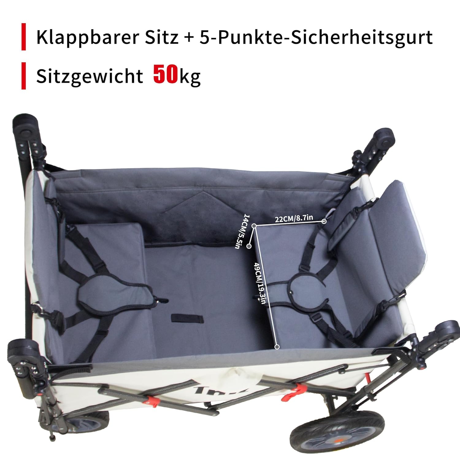 TMZ Handwagen faltbar mit Dach 120 kg Tragfähigkeit PU-Rollen hochelastisch weiß/grau