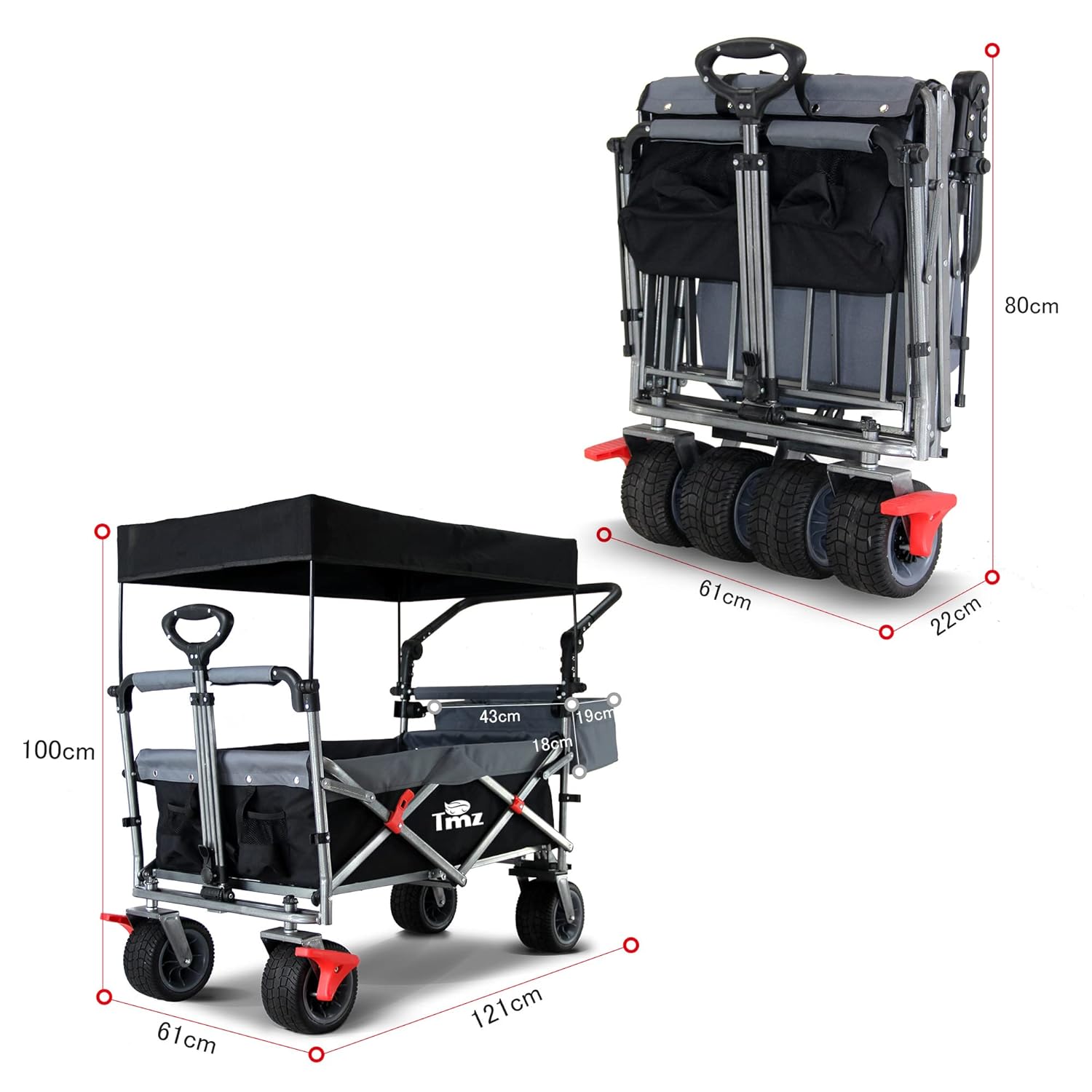 TMZ Klappbarer Handwagen mit Dach, 360° Lenkrollen, Doppel-Fußbremse, breite Reifen
