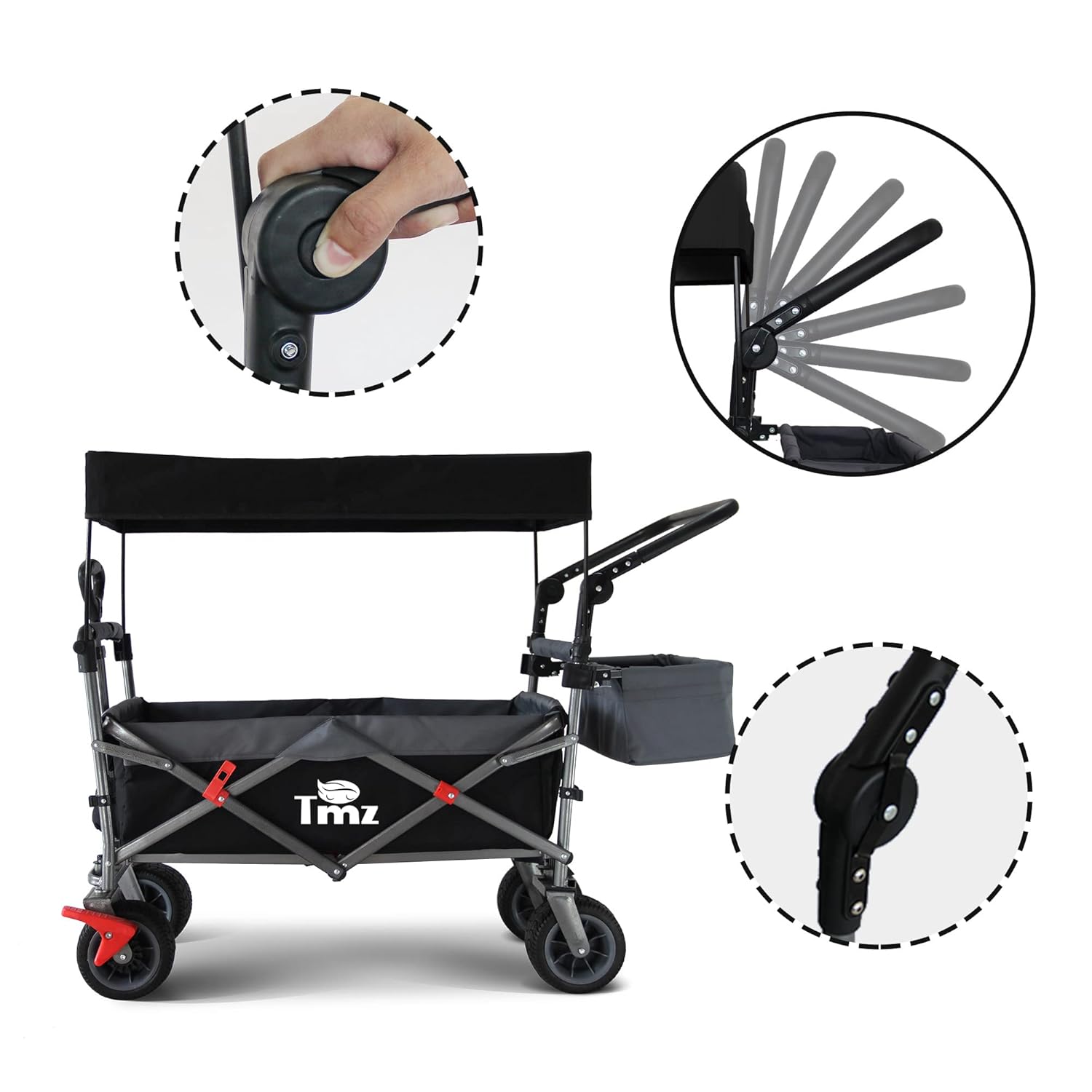 TMZ Klappbarer Handwagen mit Dach, 360° Lenkrollen, Doppel-Fußbremse, breite Reifen