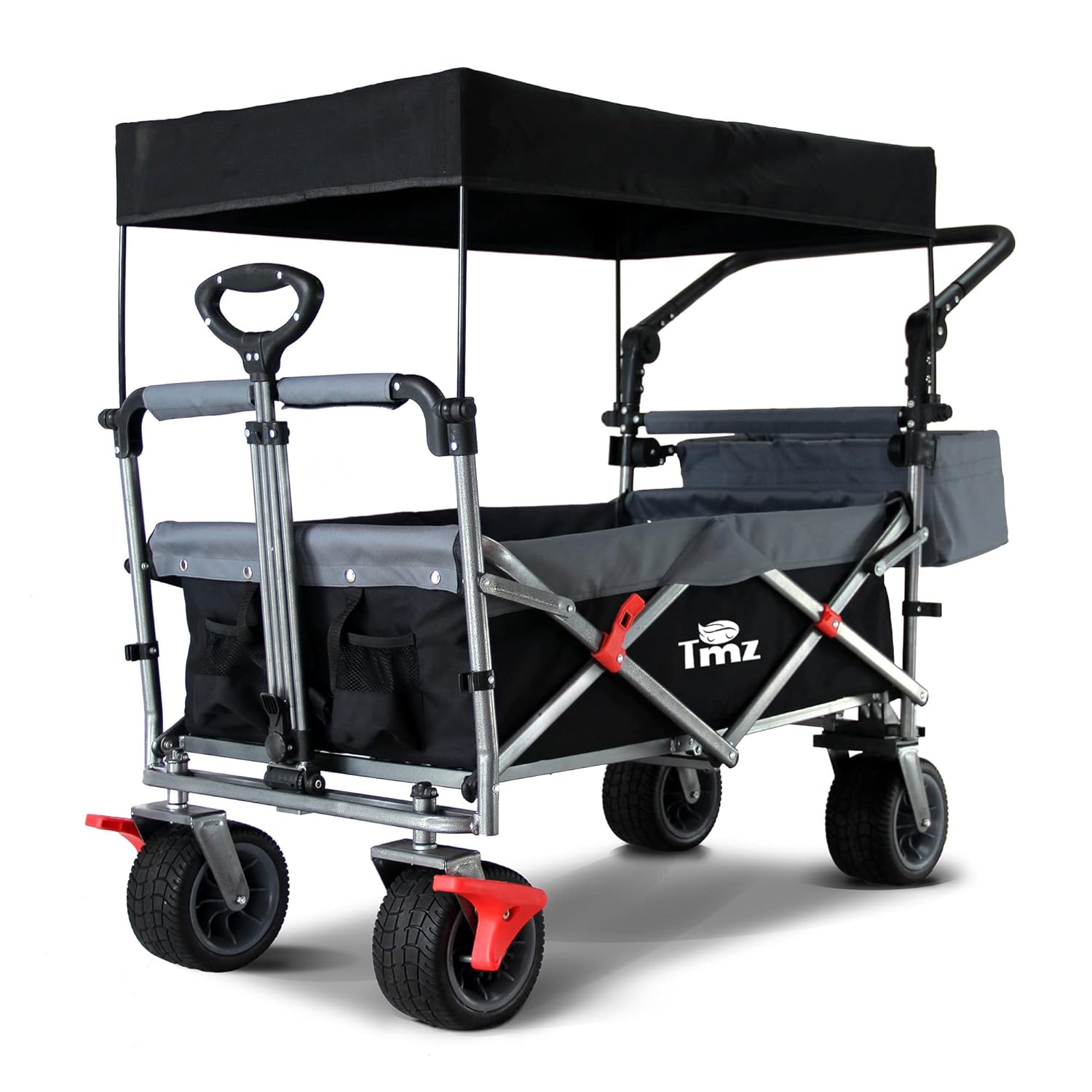 TMZ Klappbarer Handwagen mit Dach, 360° Lenkrollen, Doppel-Fußbremse, breite Reifen